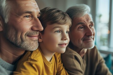 A young boy sharing a thoughtful moment with his grandfather and great-grandfather while looking out a window in a cozy setting