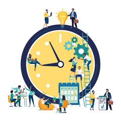 A yellow clock on which a group of business people plan their business for the year. Business concept, businessman. Teamwork self-employed. Active recreation, work, creative idea. Vector illustration