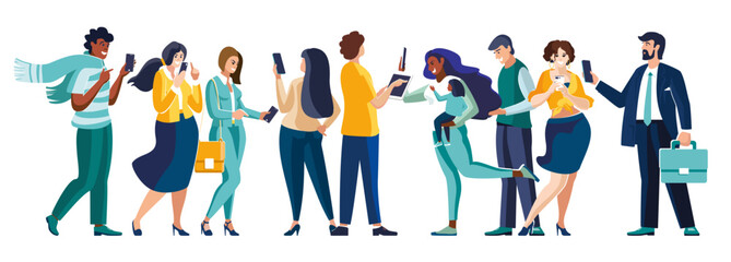 Young People Looking on Smartphones and Chatting. Happy Boys and Girls talking and typing on Phone. Female and Male Characters collection. Mother with child, human. Flat Cartoon Vector Illustration