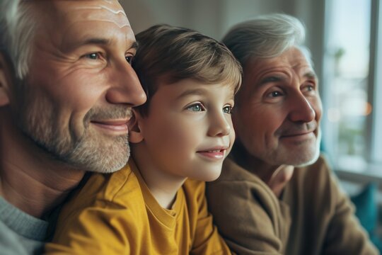 A young boy sharing a thoughtful moment with his grandfather and great-grandfather while looking out a window in a cozy setting