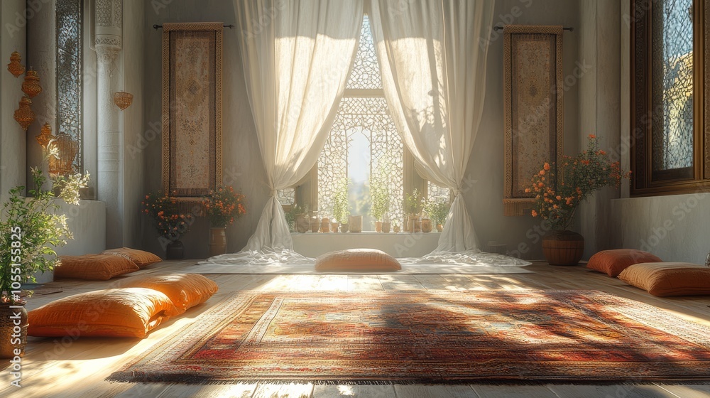 Poster sunbeams stream through a large window in a room decorated in an asian style, illuminating a carpete