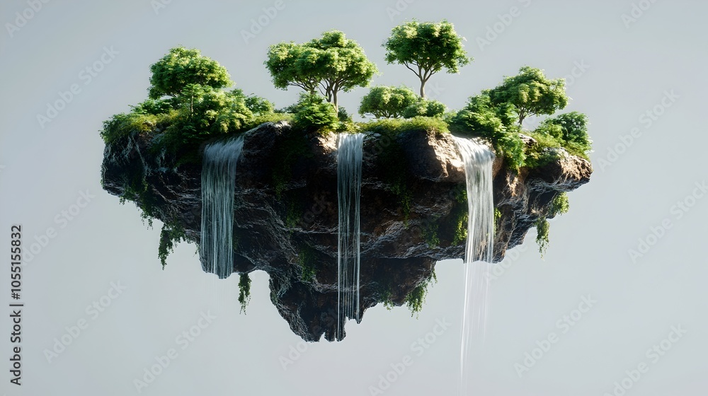 Poster breathtaking 3d rendering of a magical floating island suspended in the sky complete with cascading 