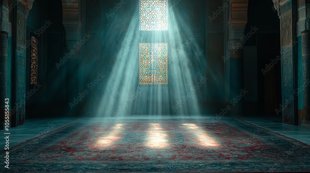 Poster sunbeams stream through a stained glass window into a dimly lit room with a patterned rug.