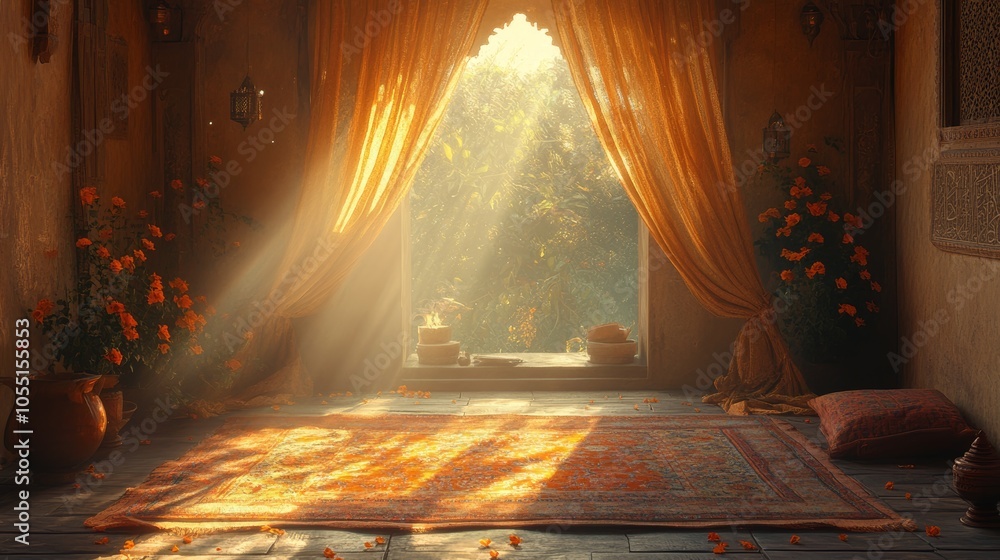 Poster sunbeams stream through a window with golden curtains in a room with a persian rug and orange flower
