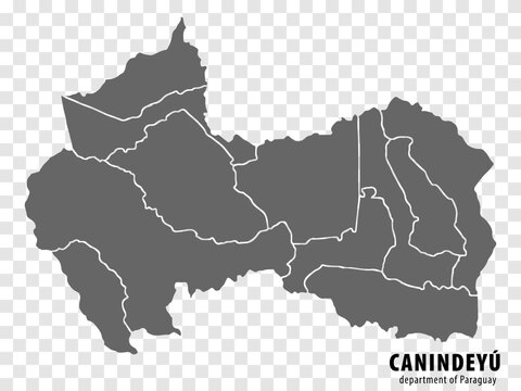 Blank map Canindeyu Department of Paraguay. High quality map Department  of Canindeyu with districts on transparent background for your web site design, logo, app, UI.  Republic of Paraguay.  EPS10.