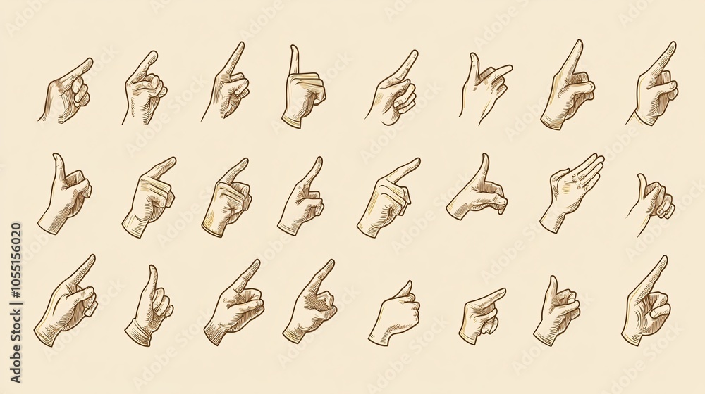 Wall mural 2410 25.a collection of pointer hand icons in different clicking gestures, with smooth vector lines 