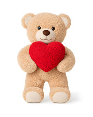 A cute teddy bear holding a red heart on a transparent background