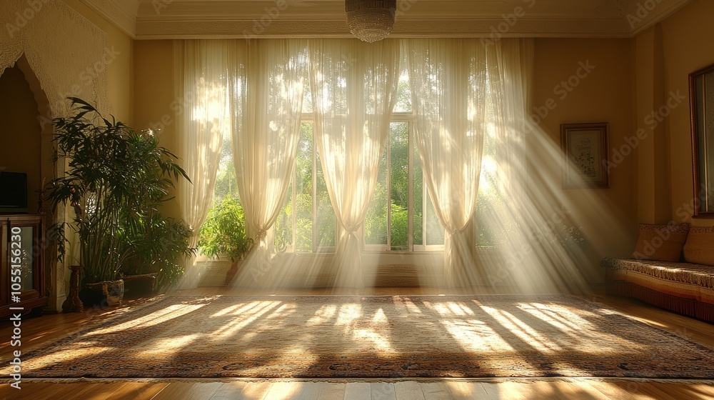 Poster sunlight streams through a window with sheer curtains illuminating a living room with a rug and a co