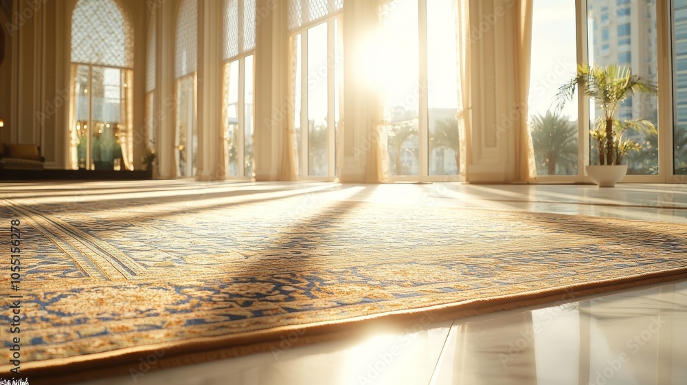 Poster sunlight streams through large windows onto a patterned carpet in a modern mosque.