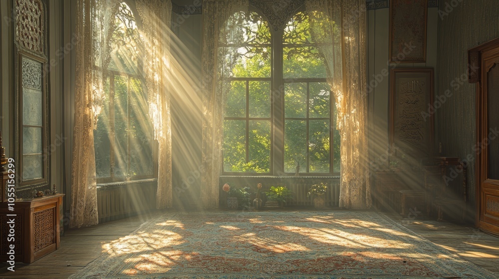 Poster sunlight streams through an arched window in an ornate room, casting beams of light across the floor