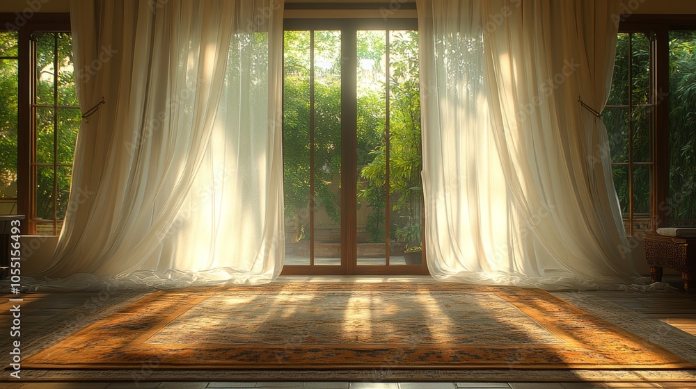 Poster sunlight streams through sheer curtains illuminating a room with a large window and a patterned rug.