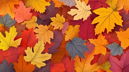 2410 49.A colorful collection of autumn leaves from different trees such as oak, maple, and chestnut, all rendered in a flat, simple style. The leaves are in warm fall colors, including yellow, red,
