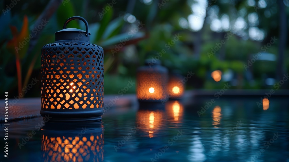 Poster three lanterns with flickering candles float in a blue swimming pool at dusk. the pool is surrounded