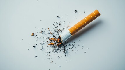 Obraz premium Cigarette Break: A broken cigarette lies on a white background, scattering ash and tobacco in a stark reminder of the consequences of smoking.