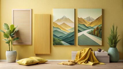 Bright yellow and Delft blue palettes unite textile samples, lamella panels, and minimalist line art posters depicting serene mountain landscapes in a modern flat lay composition.
