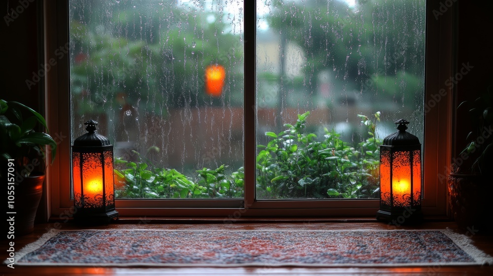 Poster two lit lanterns on a windowsill with a view of rain falling outside.