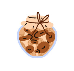 Preserved mushrooms in glass jar. Homemade pickled food, conserved fungi in container covered with lid and tied string. Seasonal eating. Flat vector illustration isolated on white background