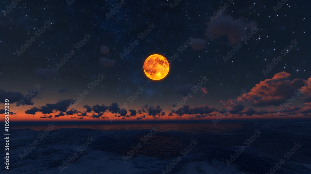 Poster captivating 3d visualization of a dark starry night sky backdrop with a glowing full moon and softly