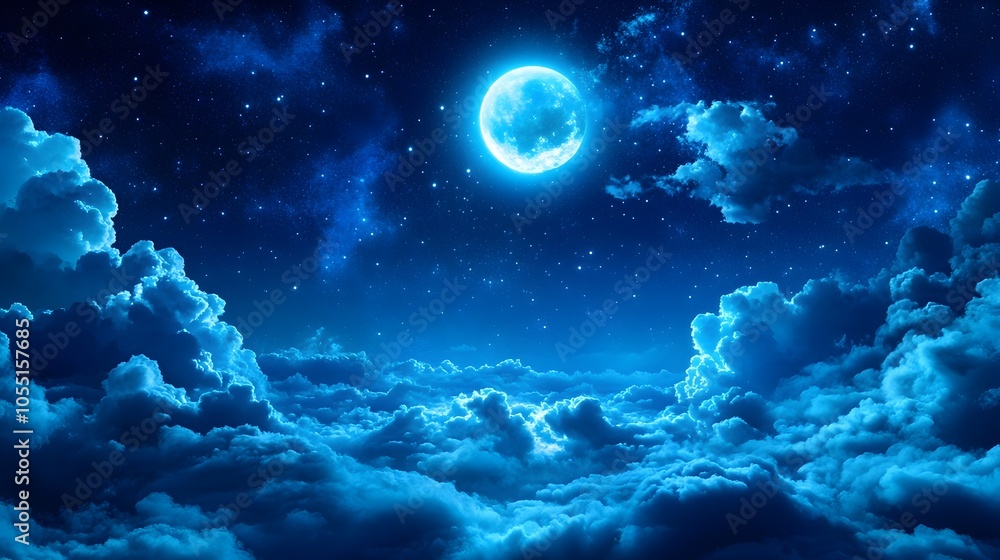 Poster a breathtaking 3d visualization of a serene dark starry night sky with a glowing full moon and softl