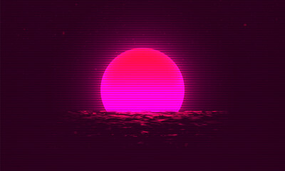 Futuristic landscape with sunset. 80s retro neon concept. Synthwave background. Vector illustration.