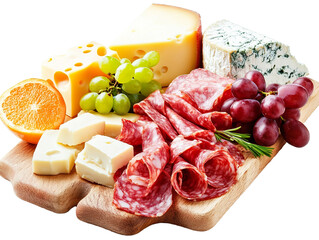 Charcuterie board with assorted cheese, meat, and grapes isolated on white background PNG