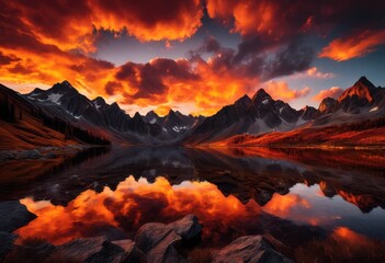 Fototapeta premium captivating sunset over majestic mountain peaks showcasing golden skies dramatic silhouettes, panorama, horizon, sky, color, cloud, landscape, nature