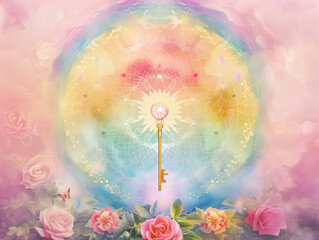 Mystical Mandala with Central Golden Key Surrounded by Rainbow Patterned Circle, Emitting a Soft Pastel Aura in Pink, Roses and Symbolic Flowers, Butterflies and Vibrant Colors Creating a Harmonious,