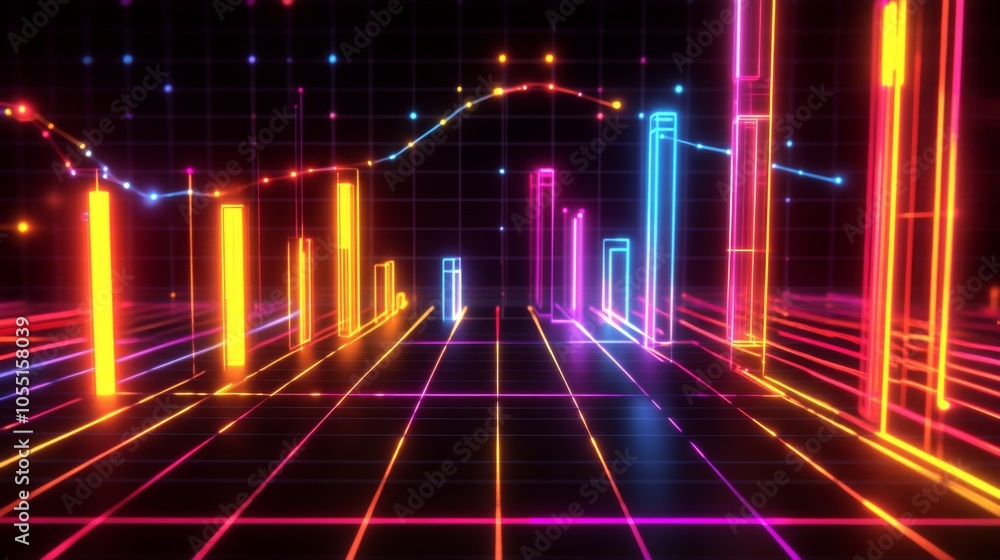 Poster neon visualization of data trends and analytics