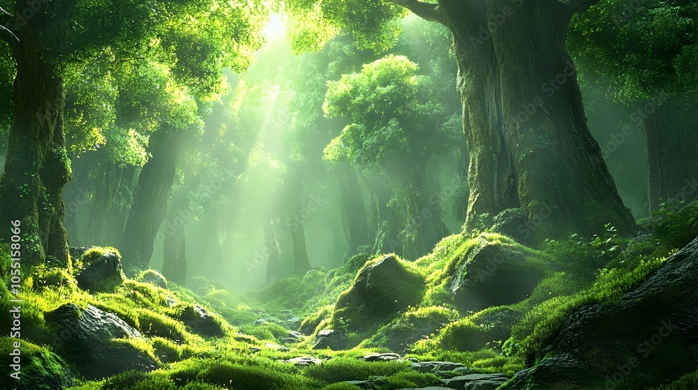Poster enchanting 3d rendering of an ancient lush forest with towering trees moss covered rocks and sunbeam
