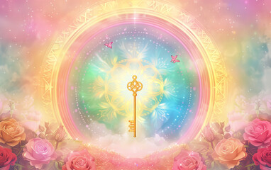 Mystical Mandala with Central Golden Key Surrounded by Rainbow Patterned Circle, Emitting a Soft Pastel Aura in Pink, Roses and Symbolic Flowers, Butterflies and Vibrant Colors Creating a Harmonious,