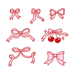 Set of elegant bow knots, gift bows. Collection of beautiful holiday decorative elements, festive present decor. Coquette pretty charming pink bow with cherry. Vintage hand drawn illustration