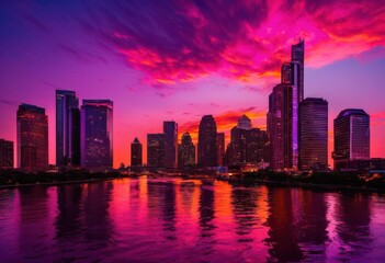 Obraz premium stunning vibrant sunset casting gorgeous colors over urban skyline silhouettes creating breathtaking cityscape scene, aerial, backdrop, bedroom, bright