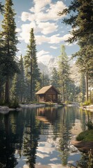 Fototapeta premium Secluded Mountain Cabin Reflection 