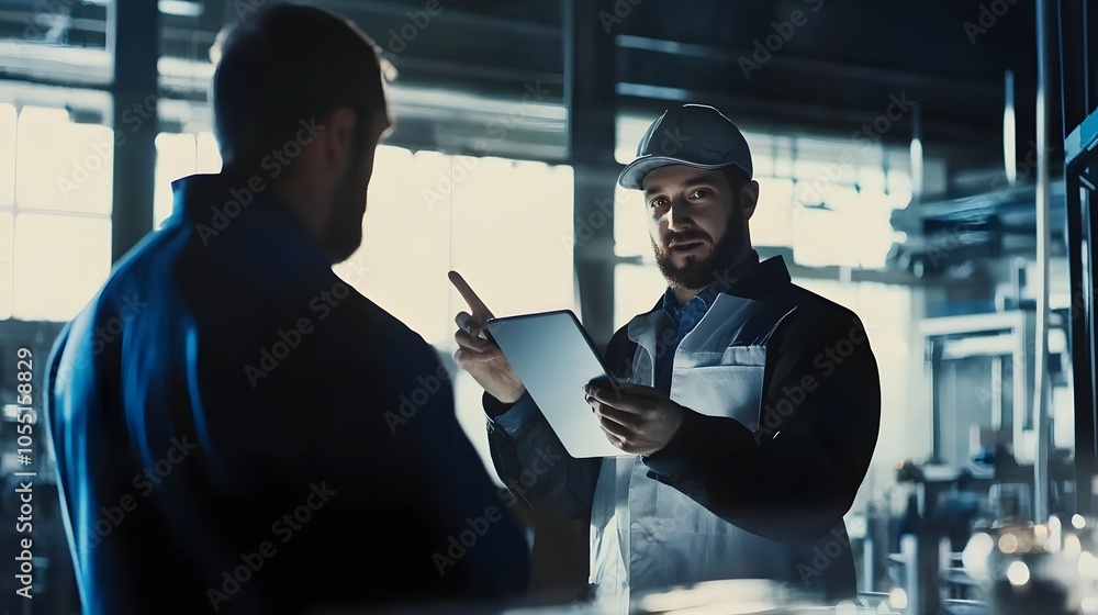 Poster two industrial workers discussing plans using a digital tablet in a factory setting.