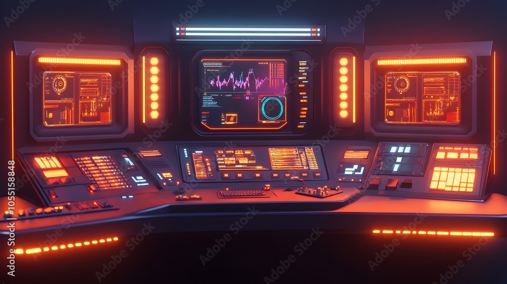 Poster sleek and modern futuristic control room interior with advanced holographic displays glowing console
