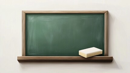 2410 97.A detailed vector illustration of a blank green chalkboard with a piece of white chalk and a sponge resting on the chalk ledge. The smooth chalkboard surface is framed by a sleek wooden