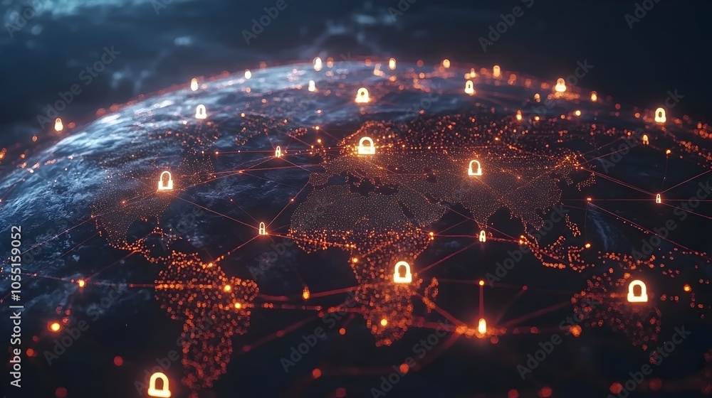 Poster global network security concept with glowing internet connections and padlock icons