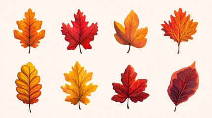2410 50.A diverse set of autumn leaves in a flat vector style, featuring a variety of shapes and colors from oak, maple, and chestnut trees. The leaves are depicted in vibrant shades of red, yellow,