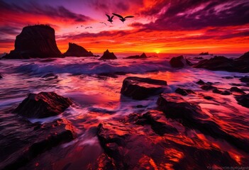 stunning coastal sunsets vibrant colors dynamic waves capturing majesty beauty, ocean, sky, horizon, water, light, clouds, reflection, scenery, landscape
