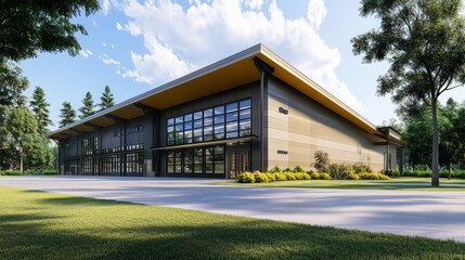 Modern Architectural Design:  A contemporary commercial building with a sleek, industrial aesthetic, nestled amidst lush greenery.  The large windows invite natural light.