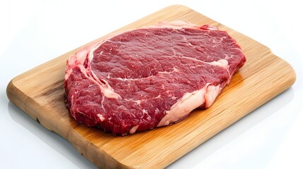 Fototapeta premium Raw ribeye steak on a wooden cutting board, ready for cooking.