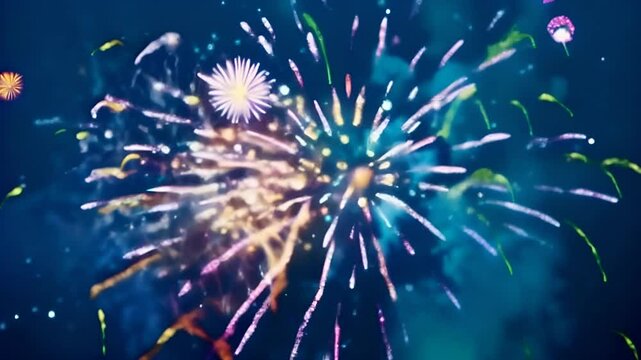 Abstract animation of a firework as minimalist bursts of color, represented by simple radial lines and dots in bright neon colors on a dark background