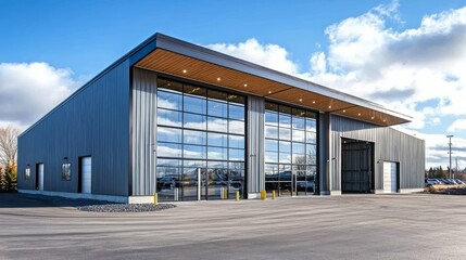 Modern Industrial Building: A sleek and contemporary industrial building with a large glass facade, showcasing a modern architectural design. The building boasts a clean.