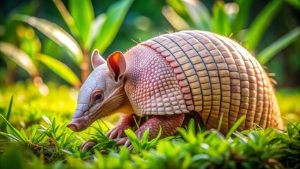 Obraz premium Charming pink armadillo with striking white and red shell plates in its natural environment, showcasing captivating wildlife photography with exceptional depth of field and clarity.
