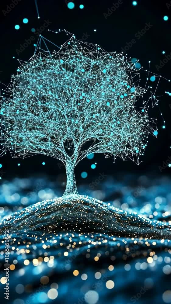 Poster Digital tree with glowing network nodes on dark background