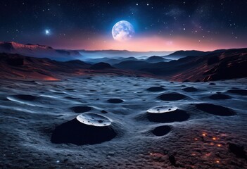 stunning enchanted lunar landscapes showcasing celestial glow under mystical night sky, moon, stars, light, scenery, horizon, terrain, crater, atmosphere