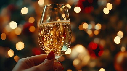 Hand grasping a sparkling wine glass, glowing bubbles, warm bokeh lighting behind, festive evening atmosphere, perfect for celebrations and luxurious events
