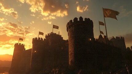 Obraz premium Majestic fantasy castle with intricate stone textures and waving flags set against a glowing dramatic sunset sky 3D digital of a medieval fortress architecture