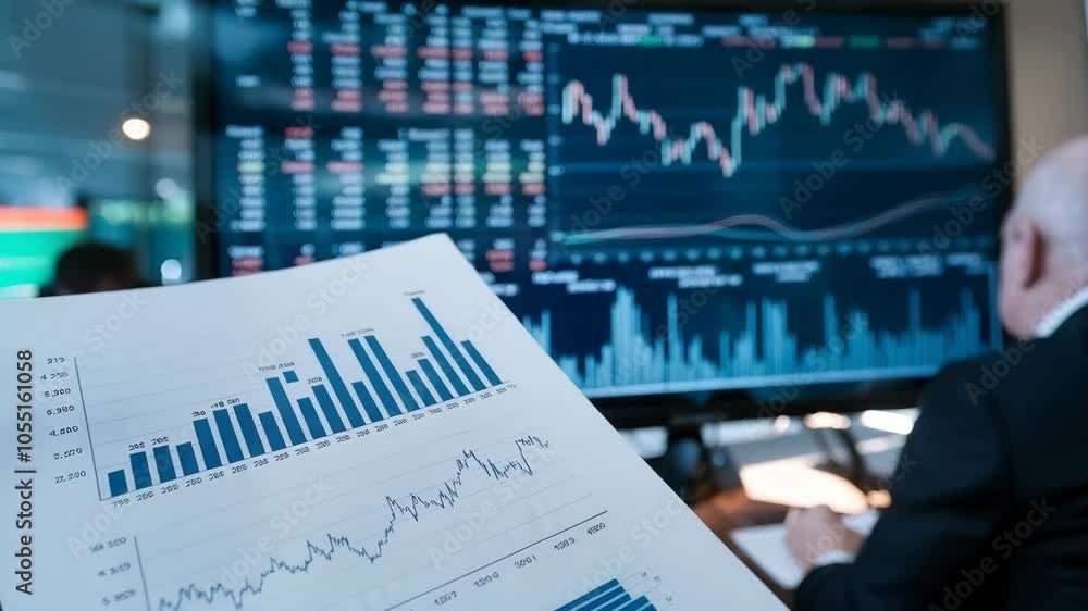 Poster a person analyzing financial data on a screen with printed charts and graphs.
