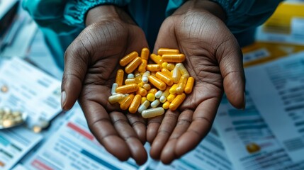 Obraz premium Hands holding a variety of prescription pills, surrounded by medical charts and healthcare documents, representing complex medication management in patient care